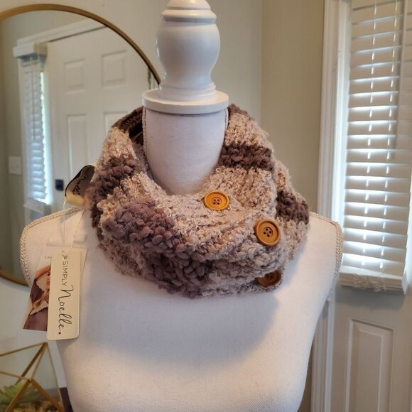 Simply Noelle Neck Warmer Scarf Button up‎ New with tags Gray fuzzy knit Stripes - Picture 1 of 12